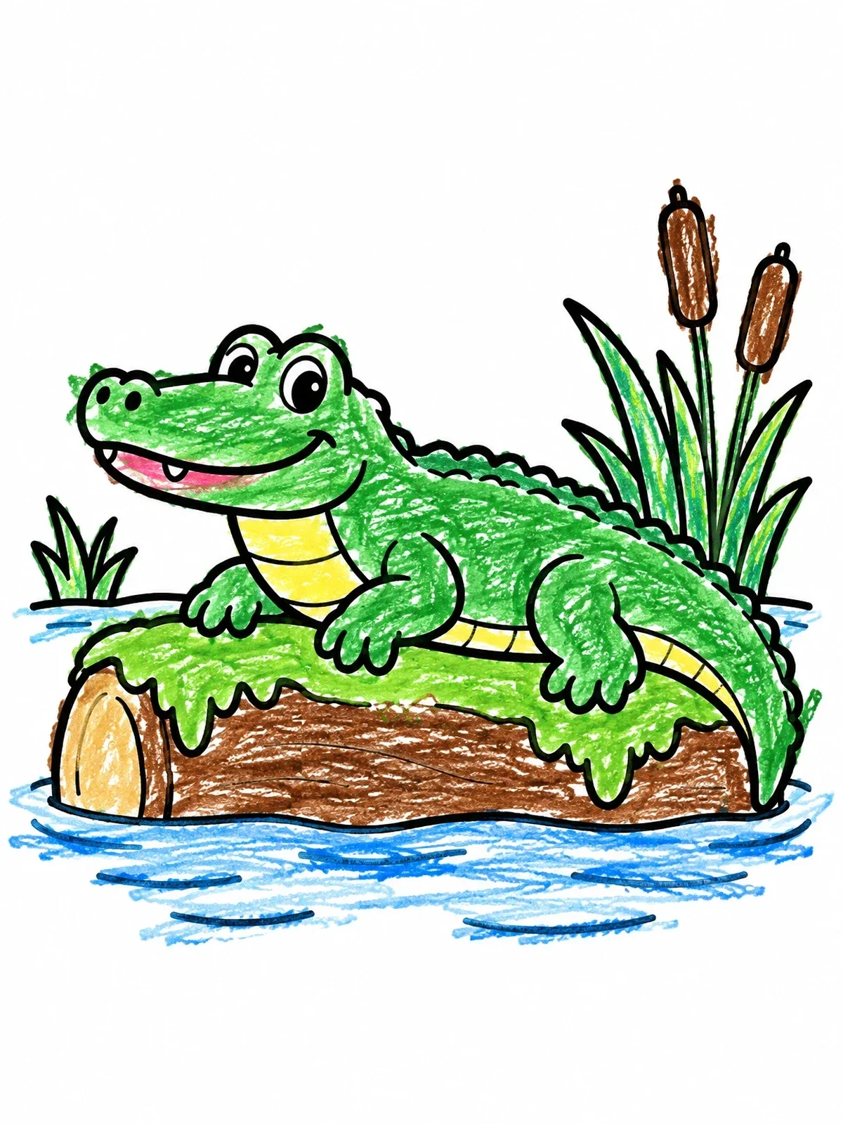 Colored example of the Happy Alligator Resting On Log coloring page