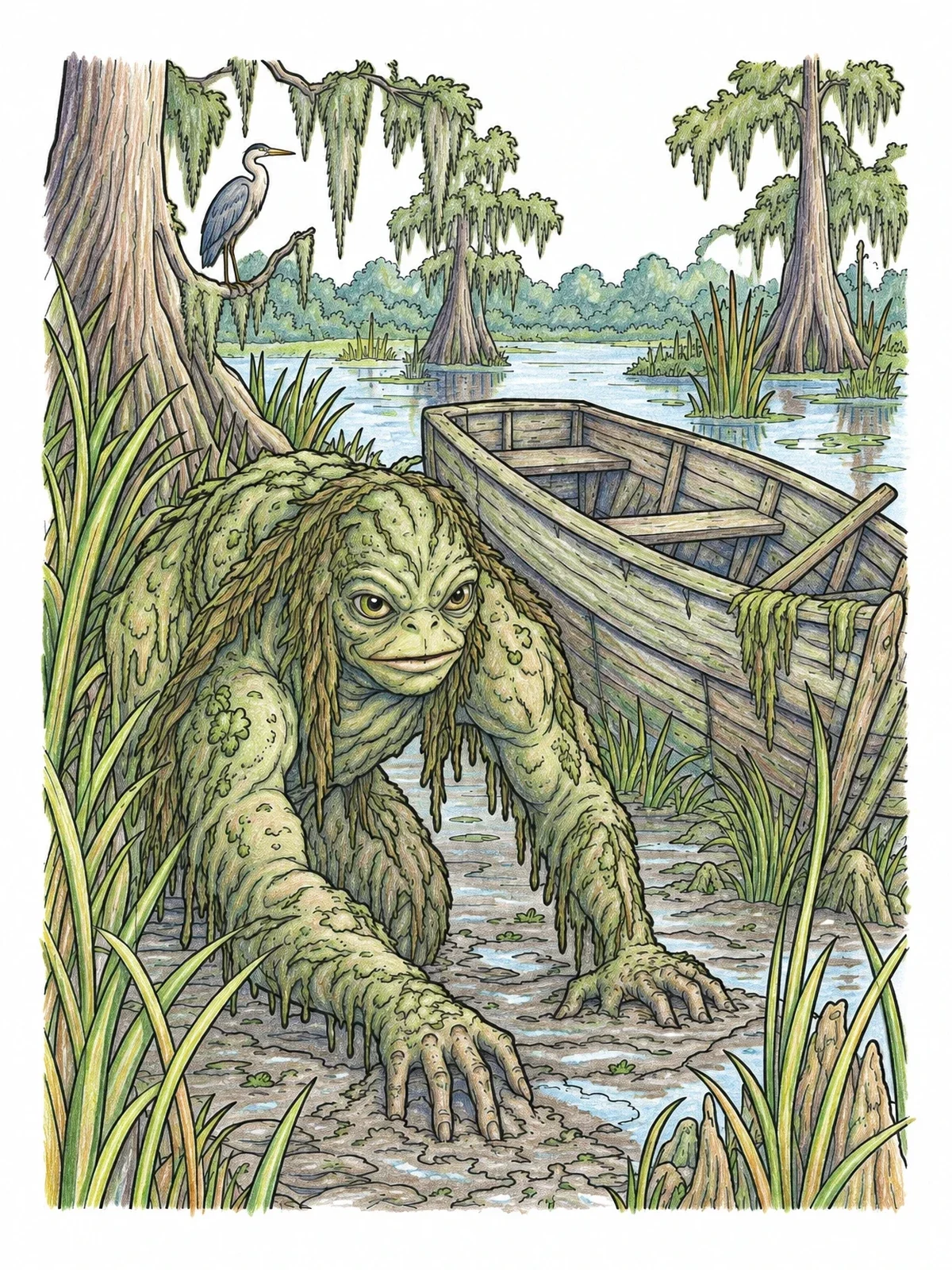 Colored example of the Swamp Monster Crawling By Rowboat coloring page