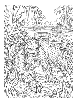 A slimy creature creeps through the mud near a rowboat in this swamp coloring page.