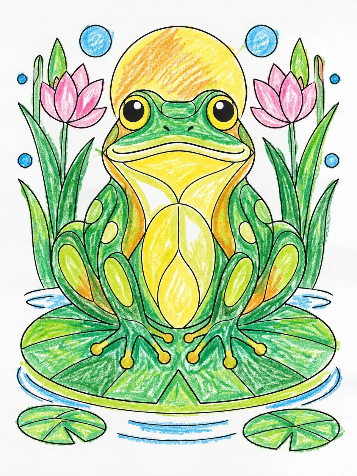 Colored example of the Stylized Bullfrog On Lily Pad coloring page