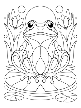 A peaceful swamp coloring page showing a stylized bullfrog sitting on a floating lily pad.