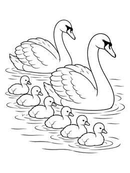 A peaceful swan coloring page featuring two adult swans swimming with their six baby cygnets.