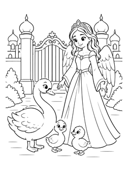 Free printable Swan Princess With Cygnets By Palace Gates coloring page