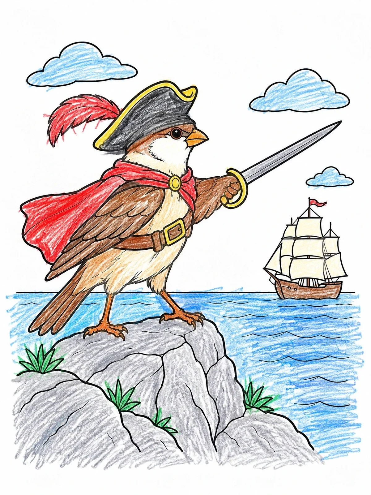 Colored example of the Swashbuckler Sparrow On The Coast coloring page