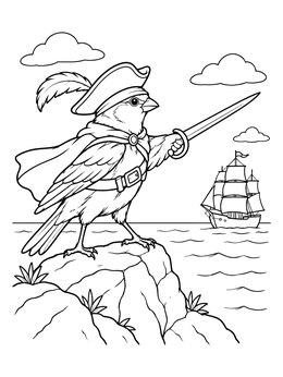 A pirate sparrow coloring page featuring a bird in costume holding a sword near a ship.