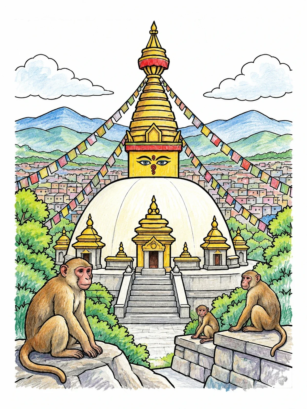 Colored example of the Swayambhunath Stupa With Monkeys coloring page