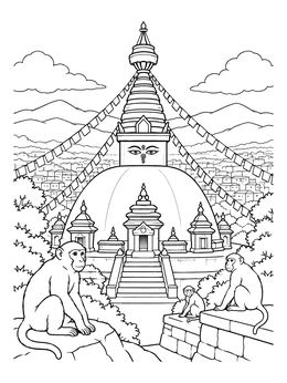 Free printable Swayambhunath Stupa With Monkeys coloring page