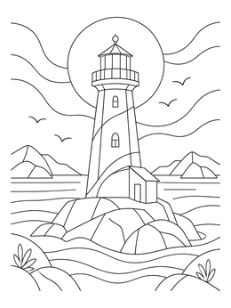 A scenic sweden coloring page showing a lighthouse on a rocky coastal islet.