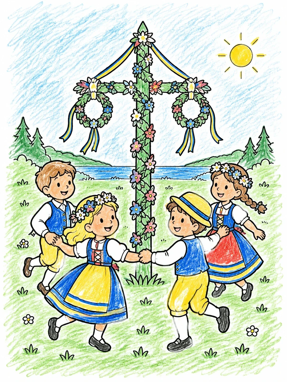 Colored example of the Children Dancing Around Midsummer Maypole coloring page