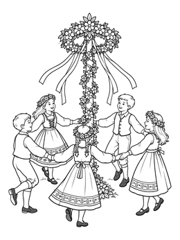 Children in folk costumes dance around a floral pole in this sweden coloring page.