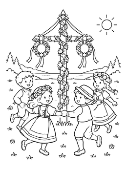 Free printable Children Dancing Around Midsummer Maypole coloring page