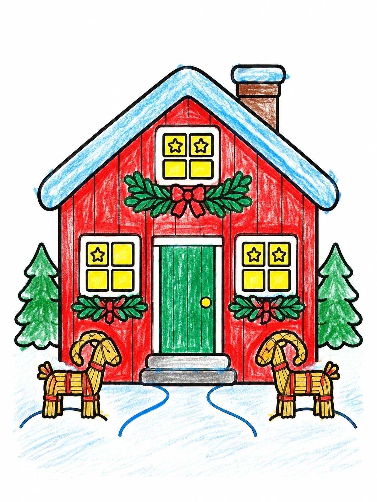 Colored example of the Cozy Swedish Winter Cottage coloring page
