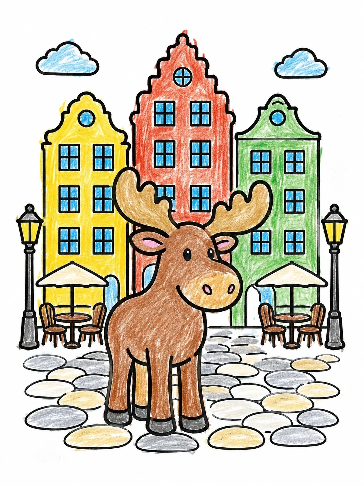 Colored example of the Cute Moose In Old Town Square coloring page