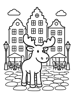 Free printable Cute Moose In Old Town Square coloring page