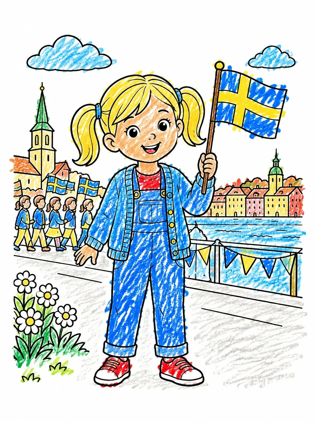 Colored example of the Girl Celebrating With Swedish Flag coloring page
