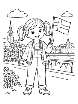 Free printable Girl Celebrating With Swedish Flag coloring page