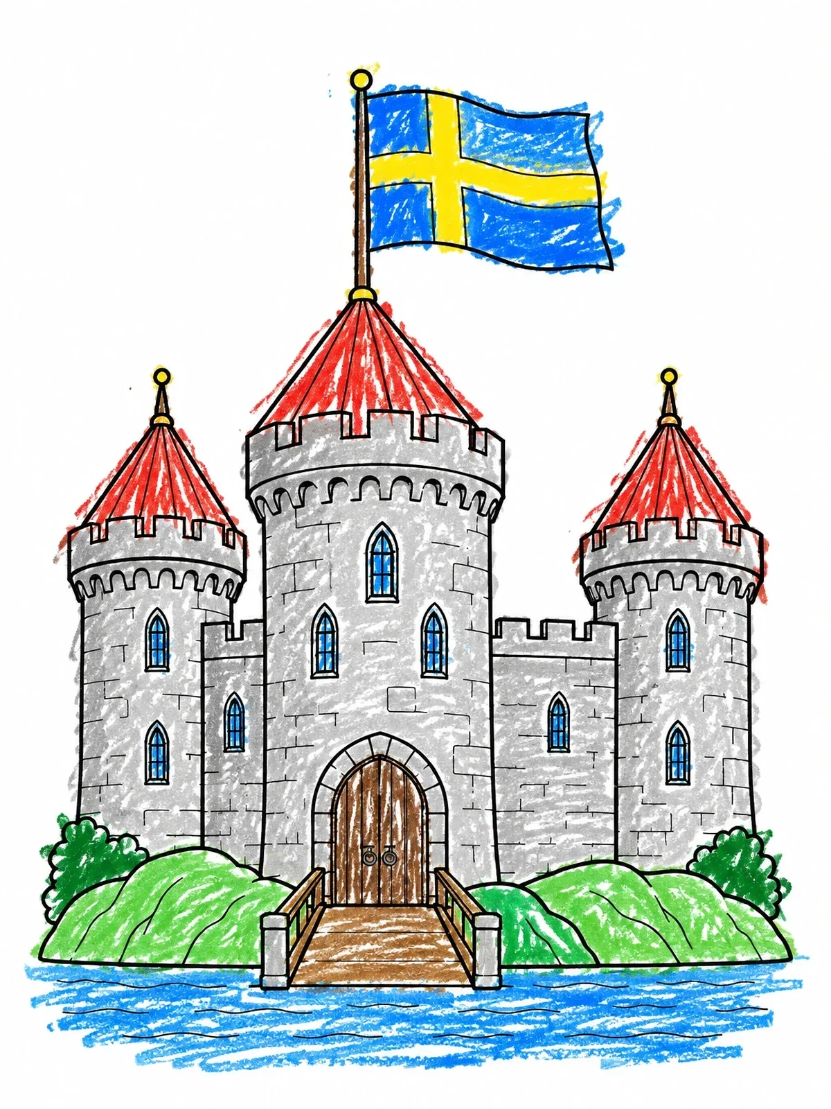 Colored example of the Swedish Castle With Flying Flag coloring page