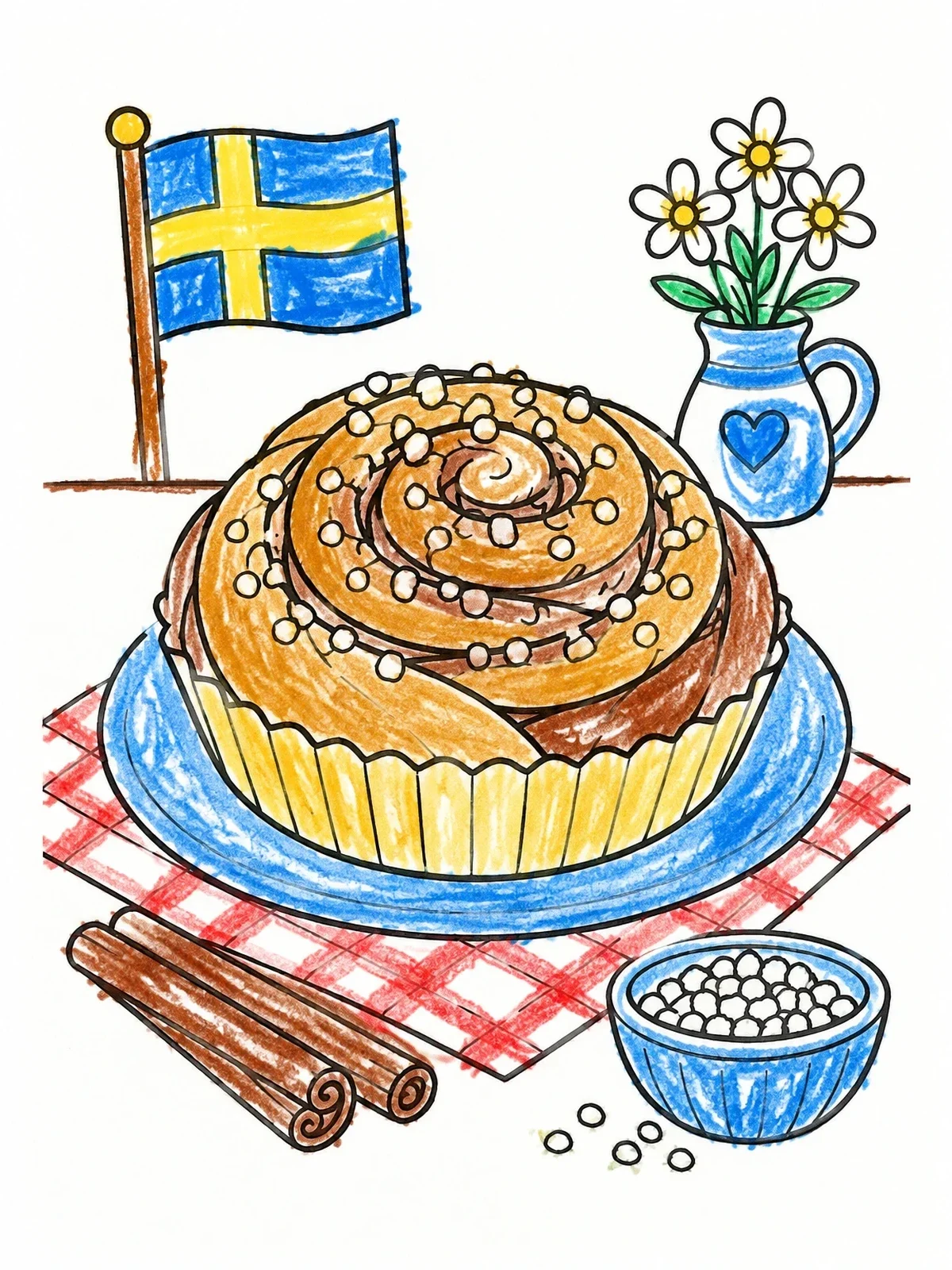 Colored example of the Swedish Cinnamon Bun On A Table coloring page