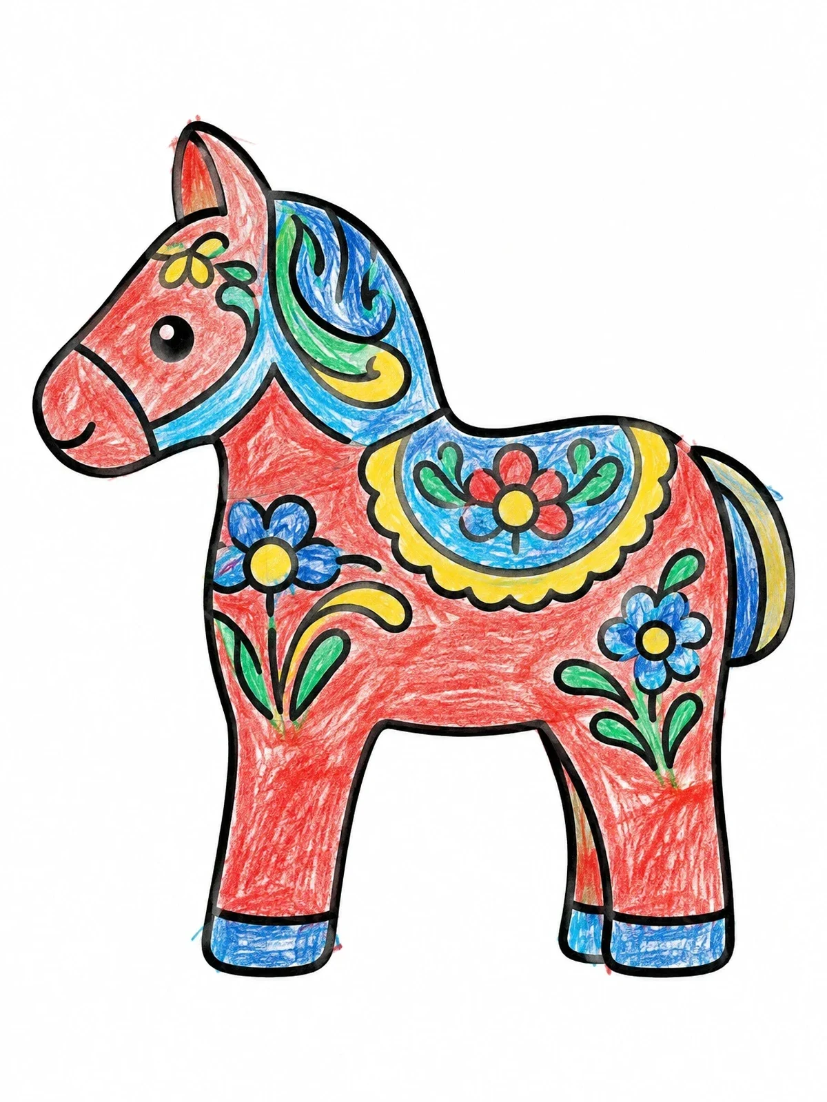 Colored example of the Traditional Swedish Dala Horse coloring page