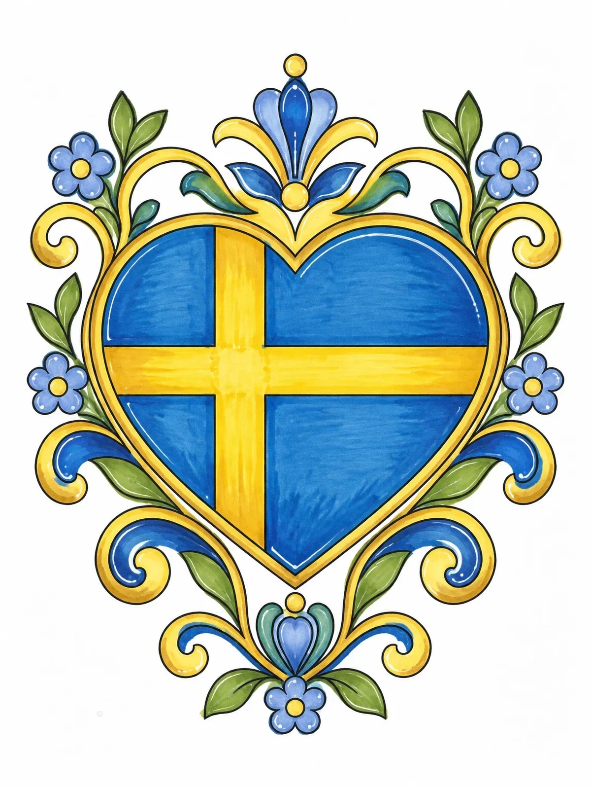 Colored example of the Swedish Flag Heart Ornament coloring page