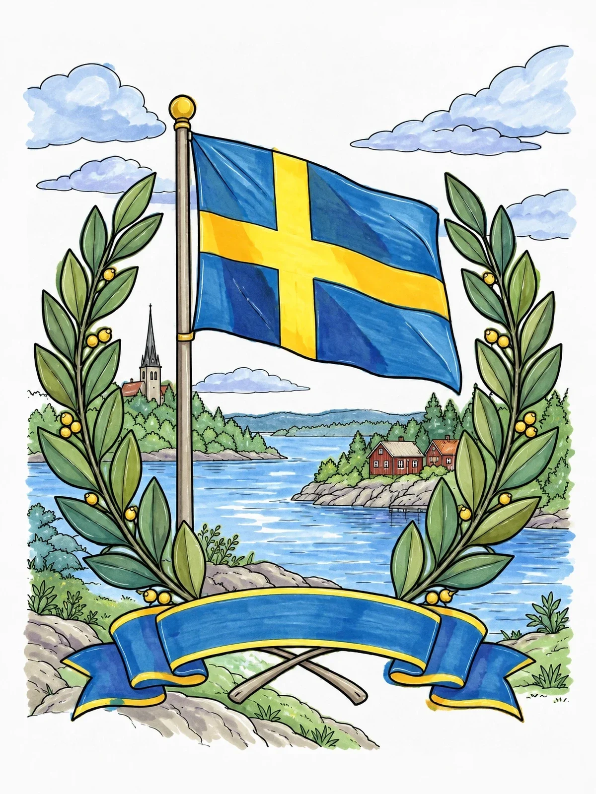 Colored example of the Swedish Flag With Laurel Wreath Landscape coloring page