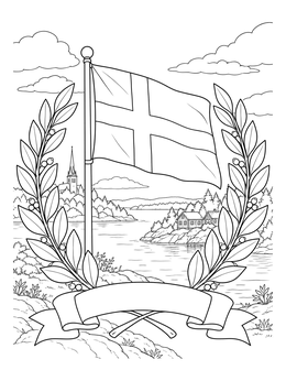 A sweden coloring page showing the national flag, laurel wreath, and a tranquil lake landscape.