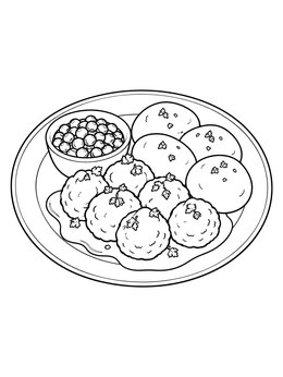 A savory plate of meatballs and potatoes features on this sweden coloring page.