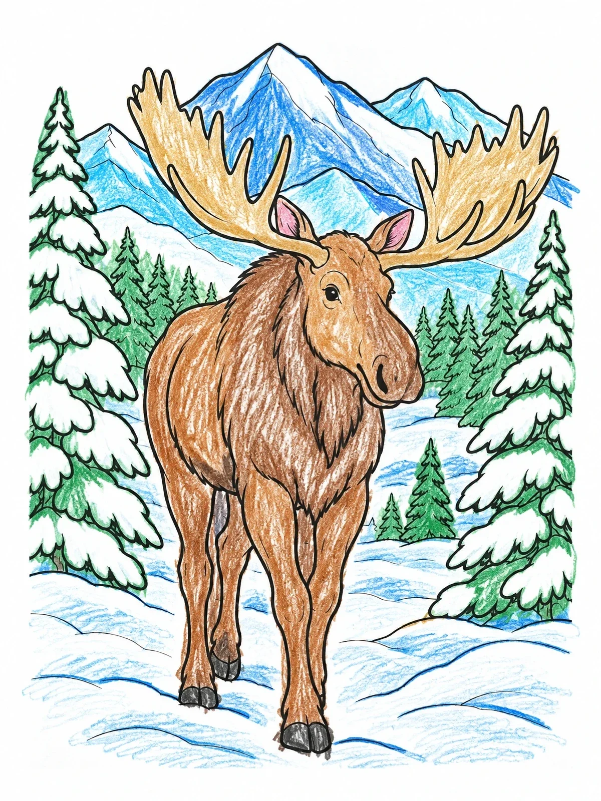 Colored example of the Swedish Moose In Snowy Forest coloring page