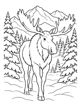 A large bull moose standing in snowy pine woods on this sweden coloring page.