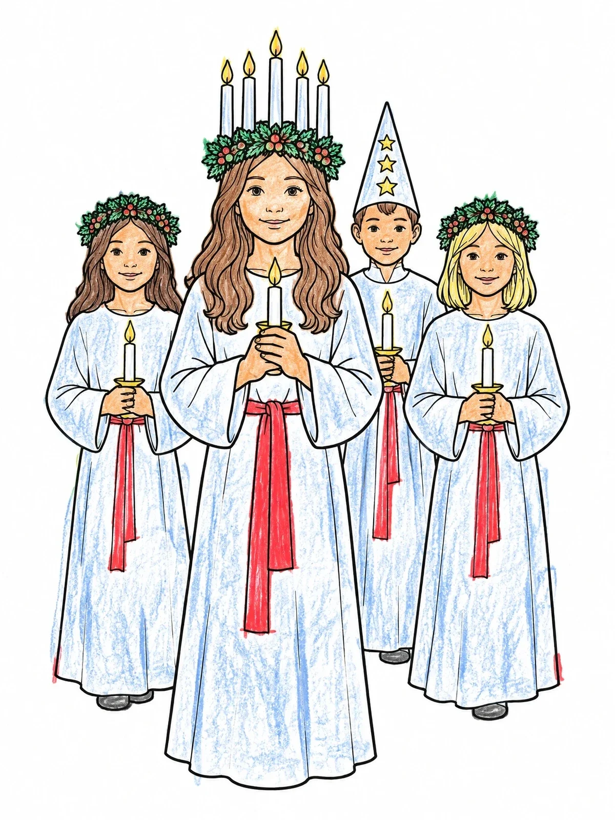 Colored example of the Swedish Saint Lucia Procession coloring page
