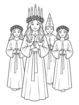 A festive Sweden coloring page depicting a Saint Lucia procession with candle crowns and traditional robes.
