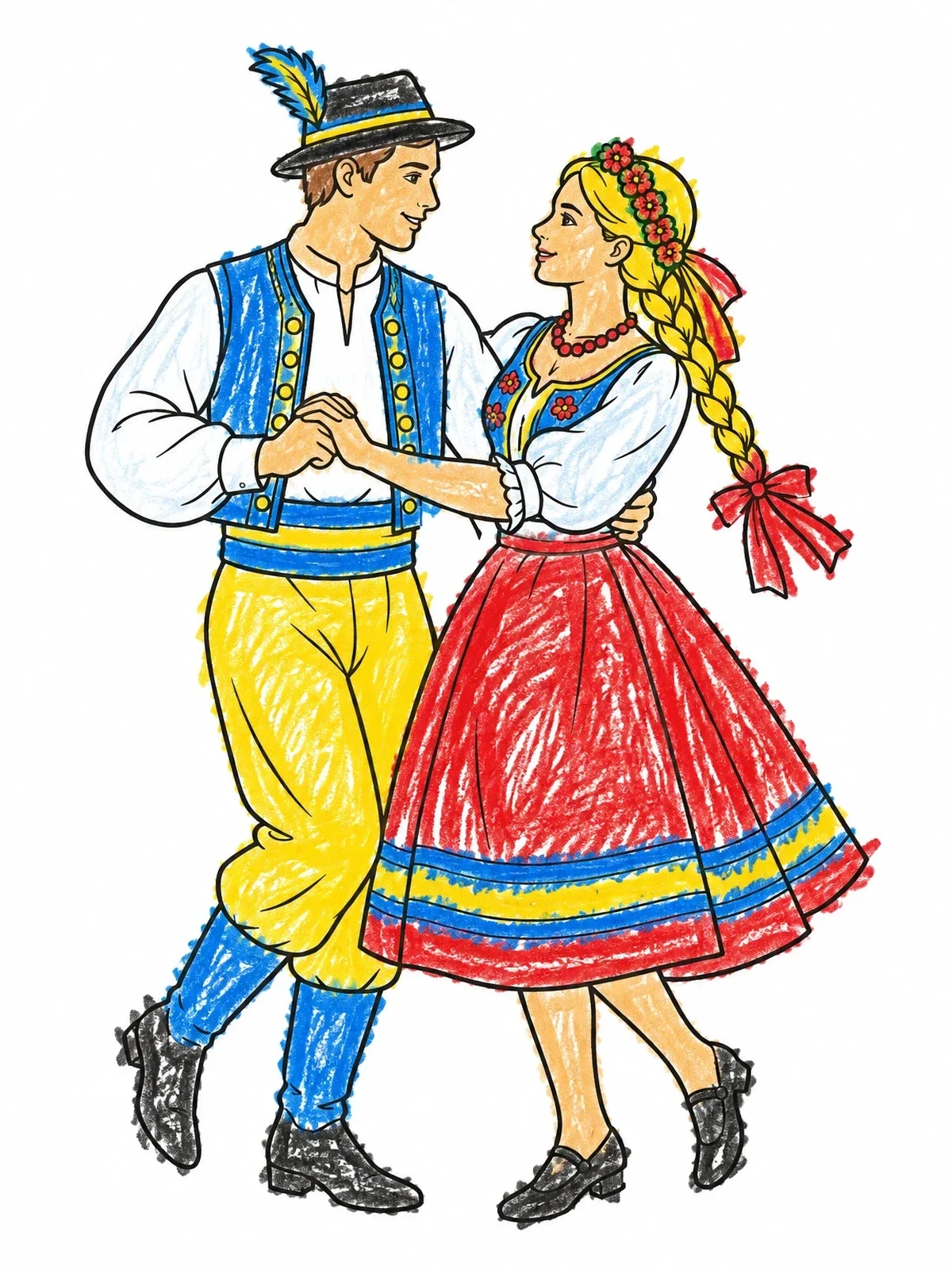 Colored example of the Swedish Traditional Folk Dance Couple coloring page