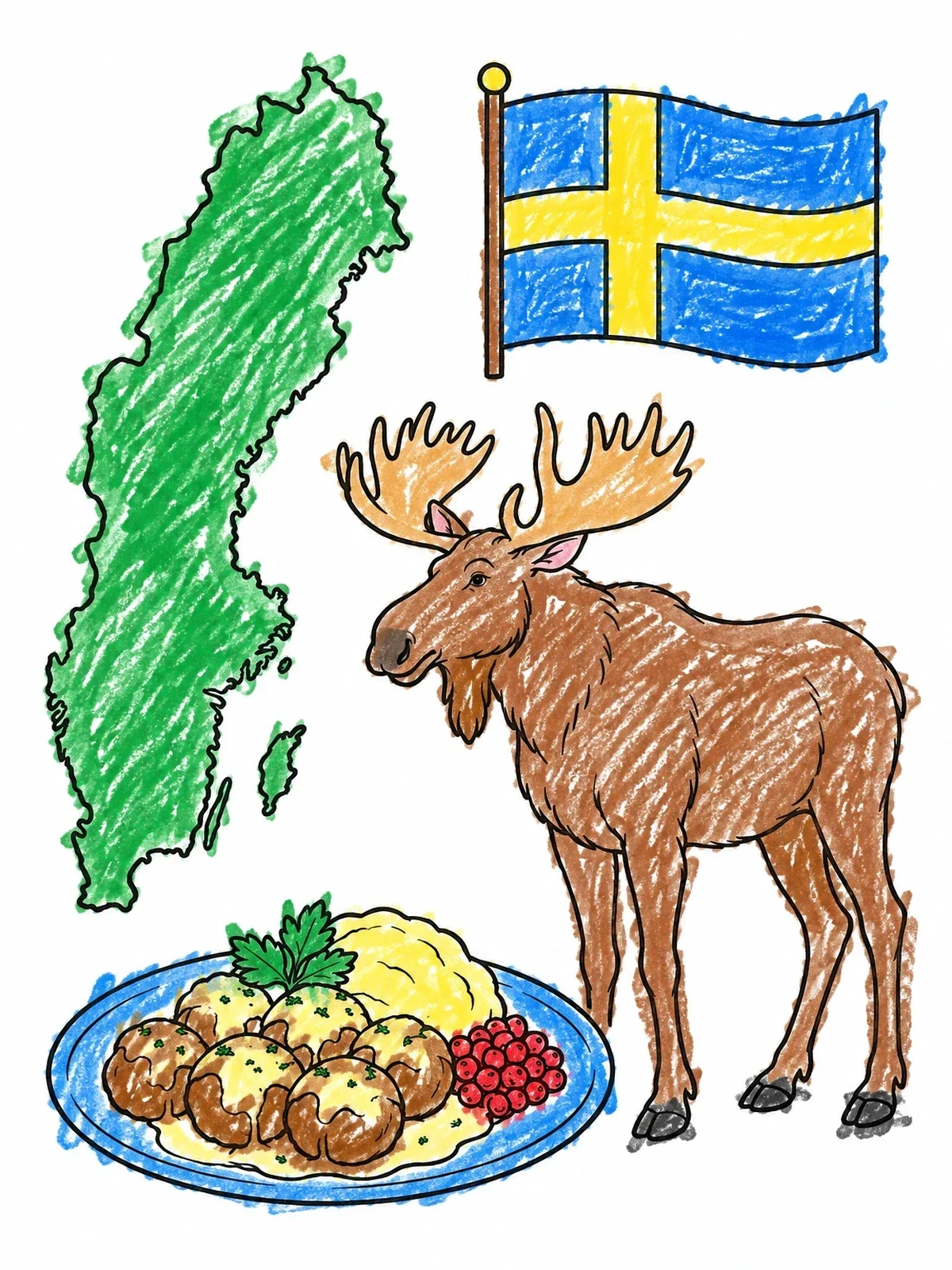 Colored example of the Sweden Symbols With Moose And Meatballs coloring page