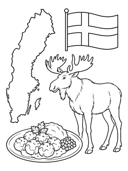 Free printable Sweden Symbols With Moose And Meatballs coloring page