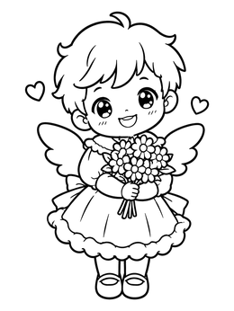 Free printable Sweet Anime Angel With Flower Bouquet coloring page