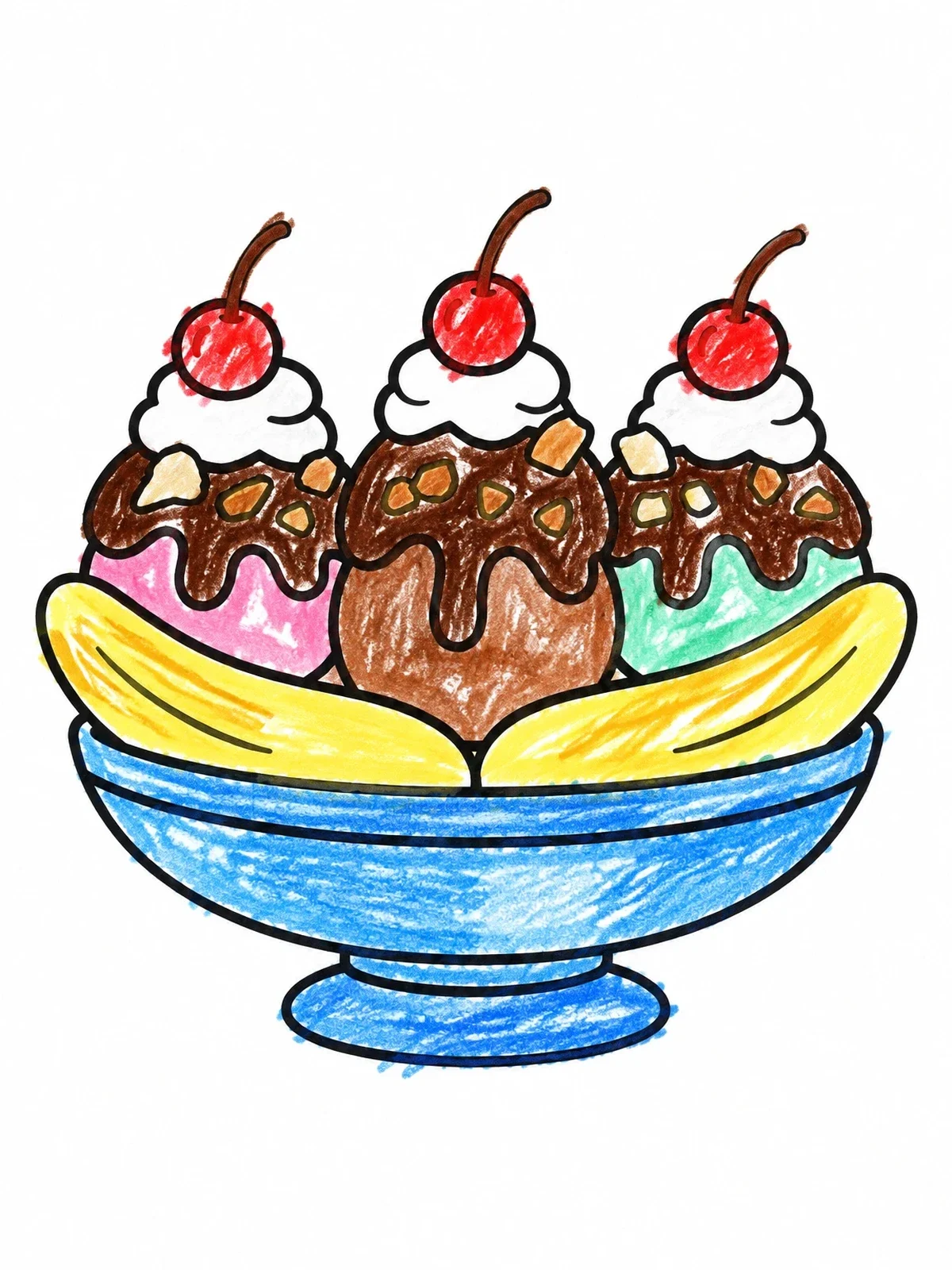 Colored example of the Sweet Banana Split Sundae coloring page