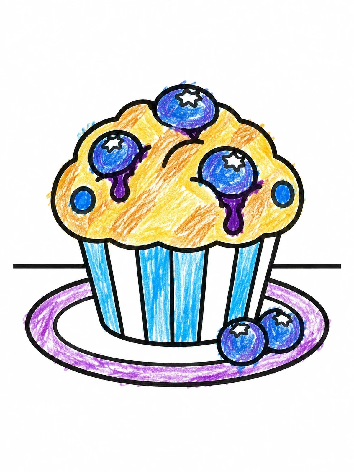 Colored example of the Sweet Blueberry Muffin On Plate coloring page