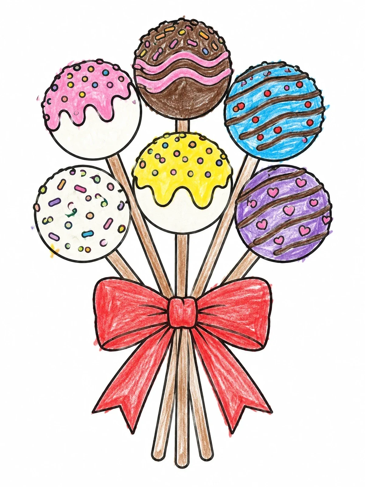 Colored example of the Sweet Cake Pop Bouquet With Ribbon coloring page