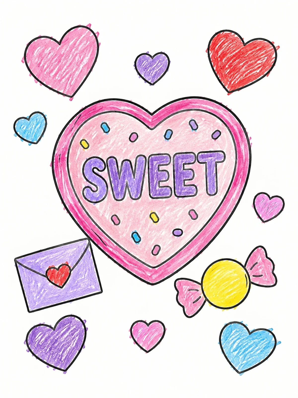 Colored example of the Sweet Candy Heart With Letter coloring page