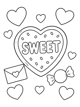 A candy coloring page showing a large heart cookie with the word SWEET, wrapped candy, and love letter.
