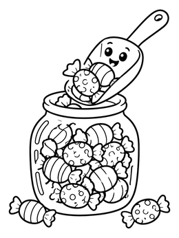 A candy coloring page showing a jar of wrapped sweets scooped by a cute smiling scoop.