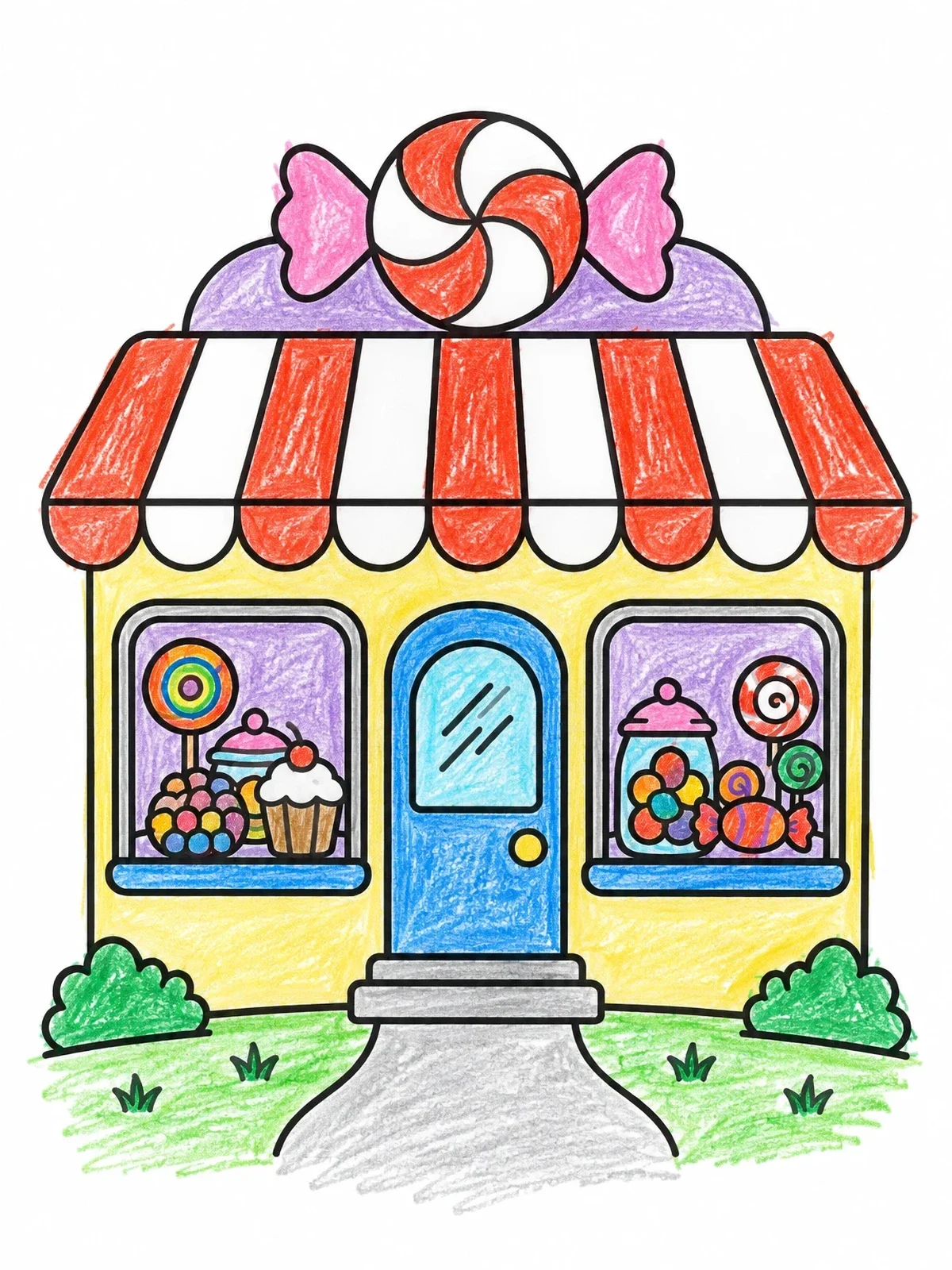 Colored example of the Sweet Candy Shop Storefront coloring page