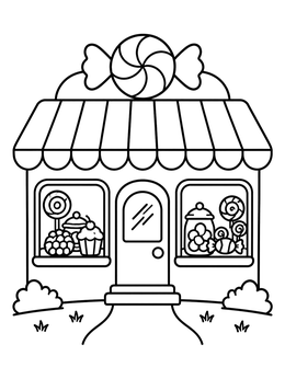 A cute sweet candy store on this fun candy coloring page with striped awning and treats.