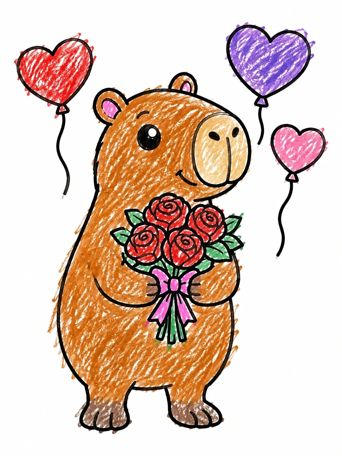 Colored example of the Sweet Capybara With Rose Bouquet coloring page