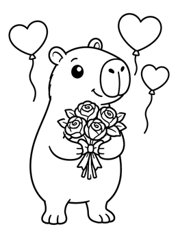 A sweet capybara coloring page holding a rose bouquet beside heart balloons.