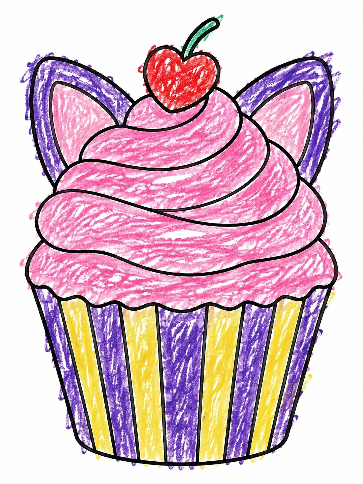 Colored example of the Sweet Cat Ear Cupcake coloring page