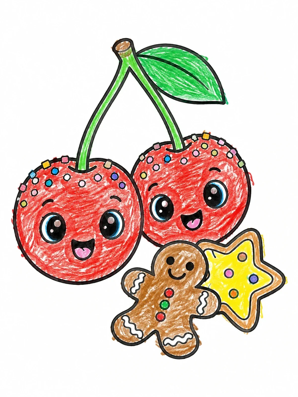 Colored example of the Sweet Cherries And Gingerbread Friends coloring page