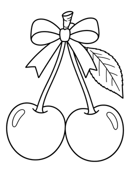 A pair of plump cherries tied together with a bow coloring page.