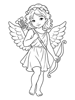 A cute winged cherub coloring page holding a bow and carrying heart-tipped arrows.