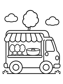 A sweet cotton candy coloring page featuring a carnival snack truck with spun treats.